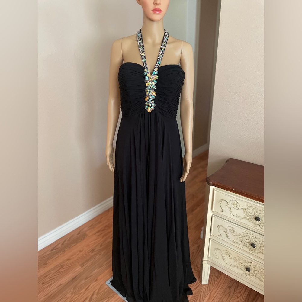 May Queen Couture Long Sleeveless Black Dress Rhinestone Halter Top – Size 12